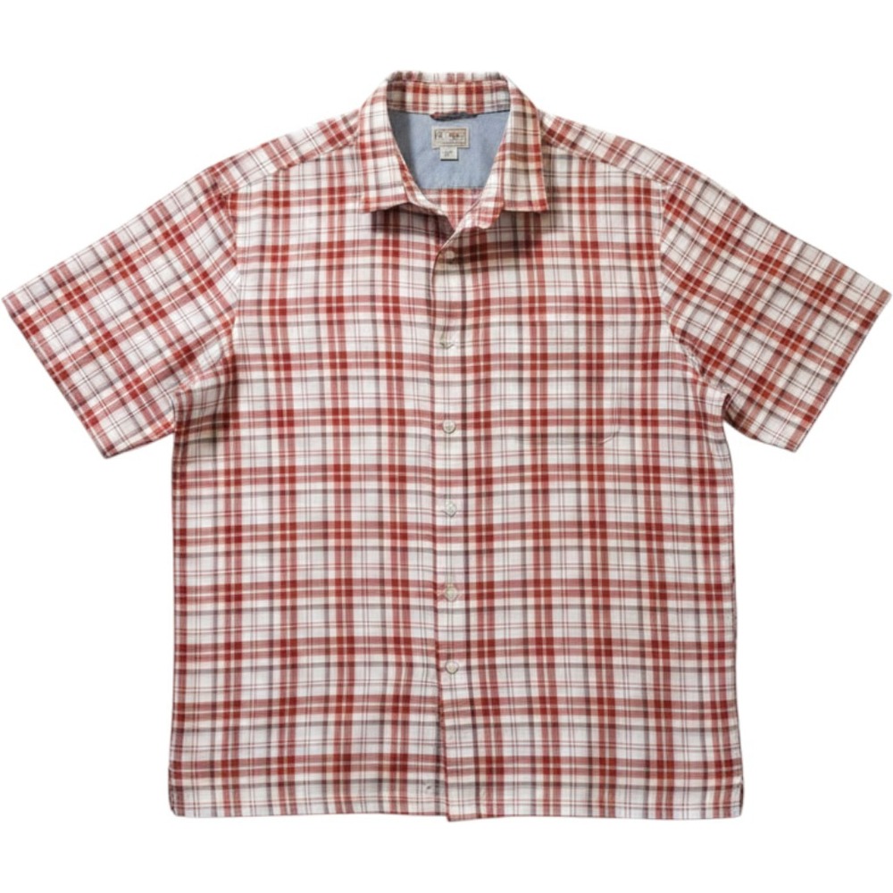 L.L. Bean Plaid Button Down Mens Medium Red Orange Short Sleeve Excellent Cotton